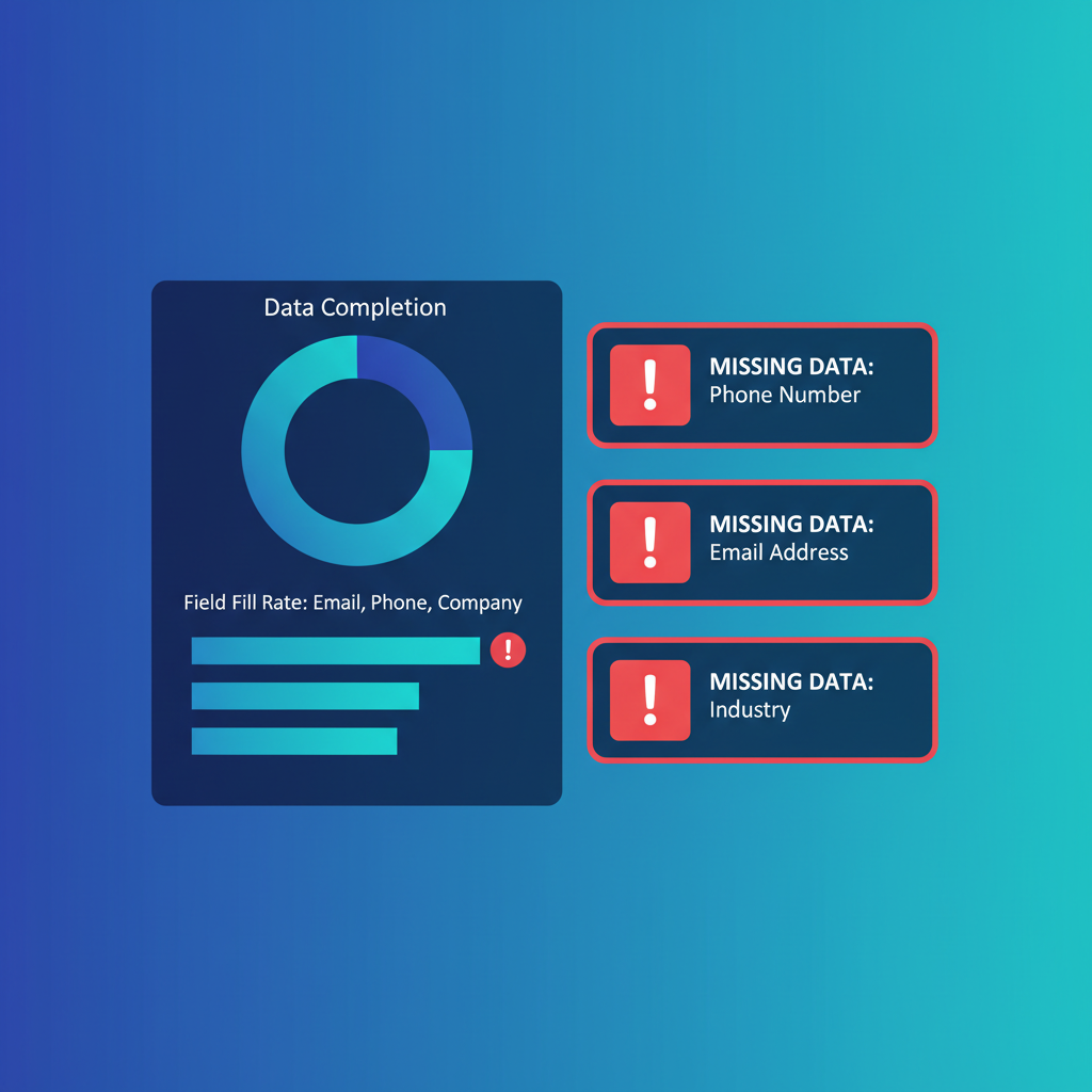 Um dashboard do Kommo mostrando a qualidade dos dados dos leads, com gráficos de preenchimento de campos e alertas de dados ausentes.