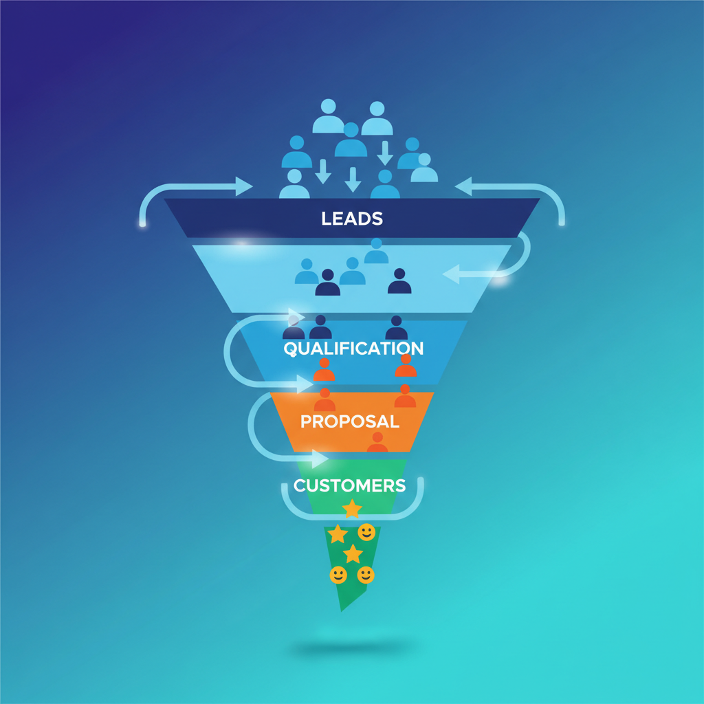 Uma ilustração mostrando um funil de vendas bem definido, com leads fluindo suavemente pelas etapas até a conversão em clientes.