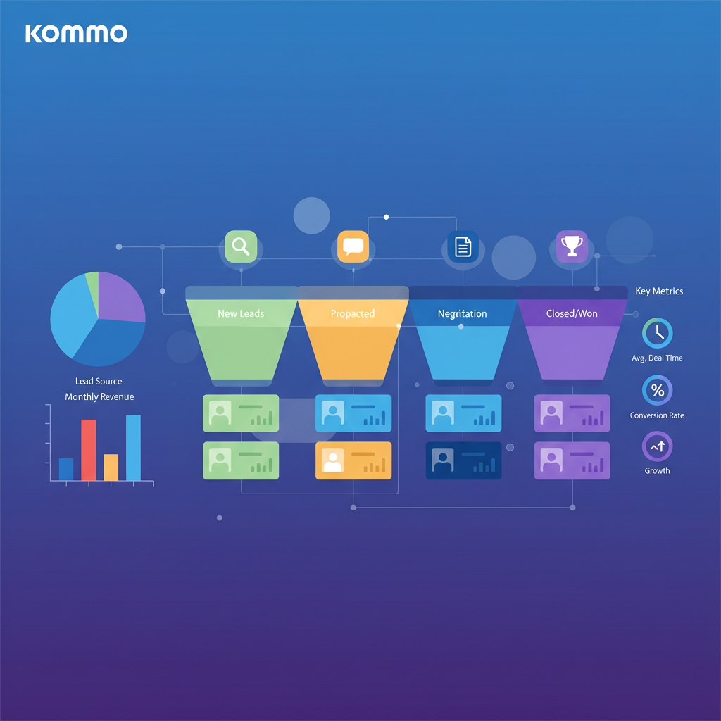 Uma captura de tela do Kommo CRM mostrando um painel de funil de vendas com diferentes etapas e leads em cada etapa.