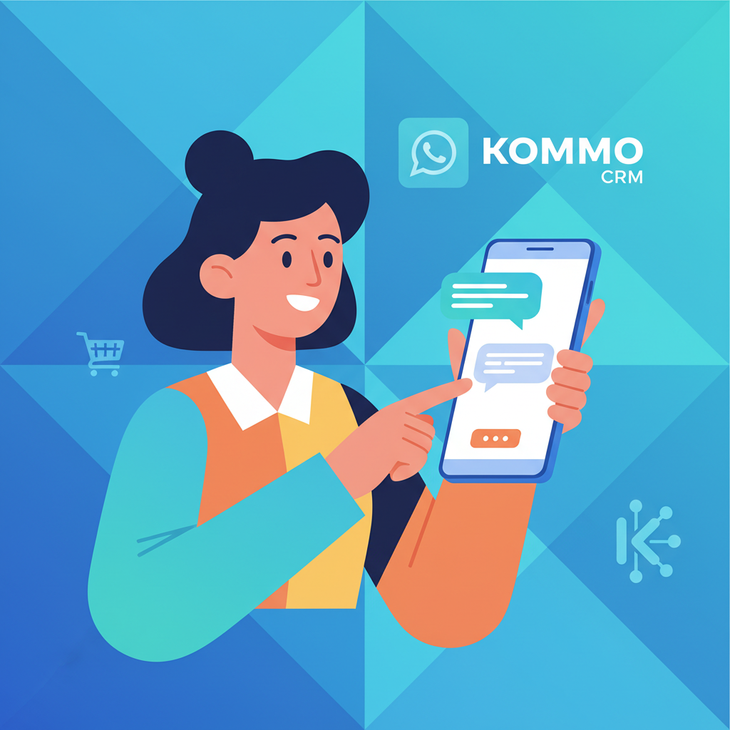 Pessoa sorrindo enquanto interage com um chatbot no celular. O logo do WhatsApp Business e Kommo CRM aparecem discretamente ao fundo.