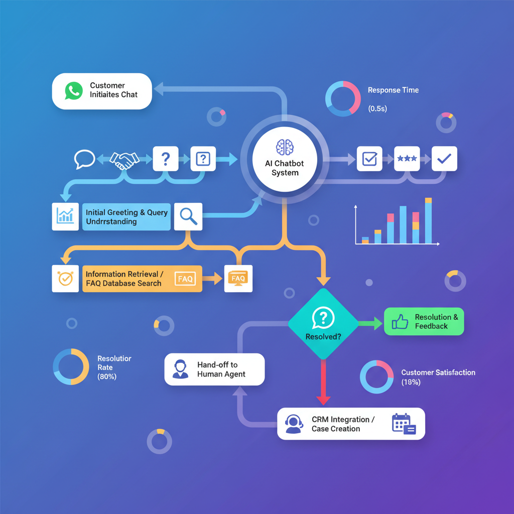 Diagrama de fluxo mostrando a interação de um cliente com um chatbot no WhatsApp, desde a saudação inicial até a resolução da dúvida ou encaminhamento para um atendente humano.