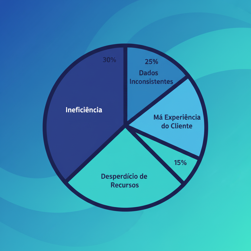 Gráfico de pizza mostrando a distribuição dos impactos negativos da duplicidade de negócios: Ineficiência (30%), Dados Inconsistentes (25%), Má Experiência do Cliente (20%), Desperdício de Recursos (15%), Dificuldade de Personalização (10%).