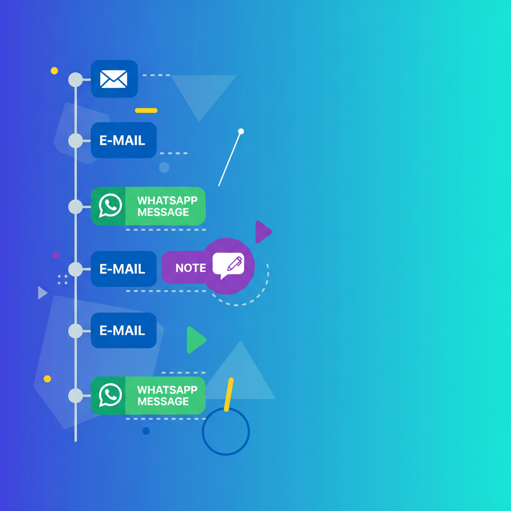 Captura de tela da timeline de um lead no Kommo, mostrando e-mails, mensagens de WhatsApp e notas em ordem cronológica.