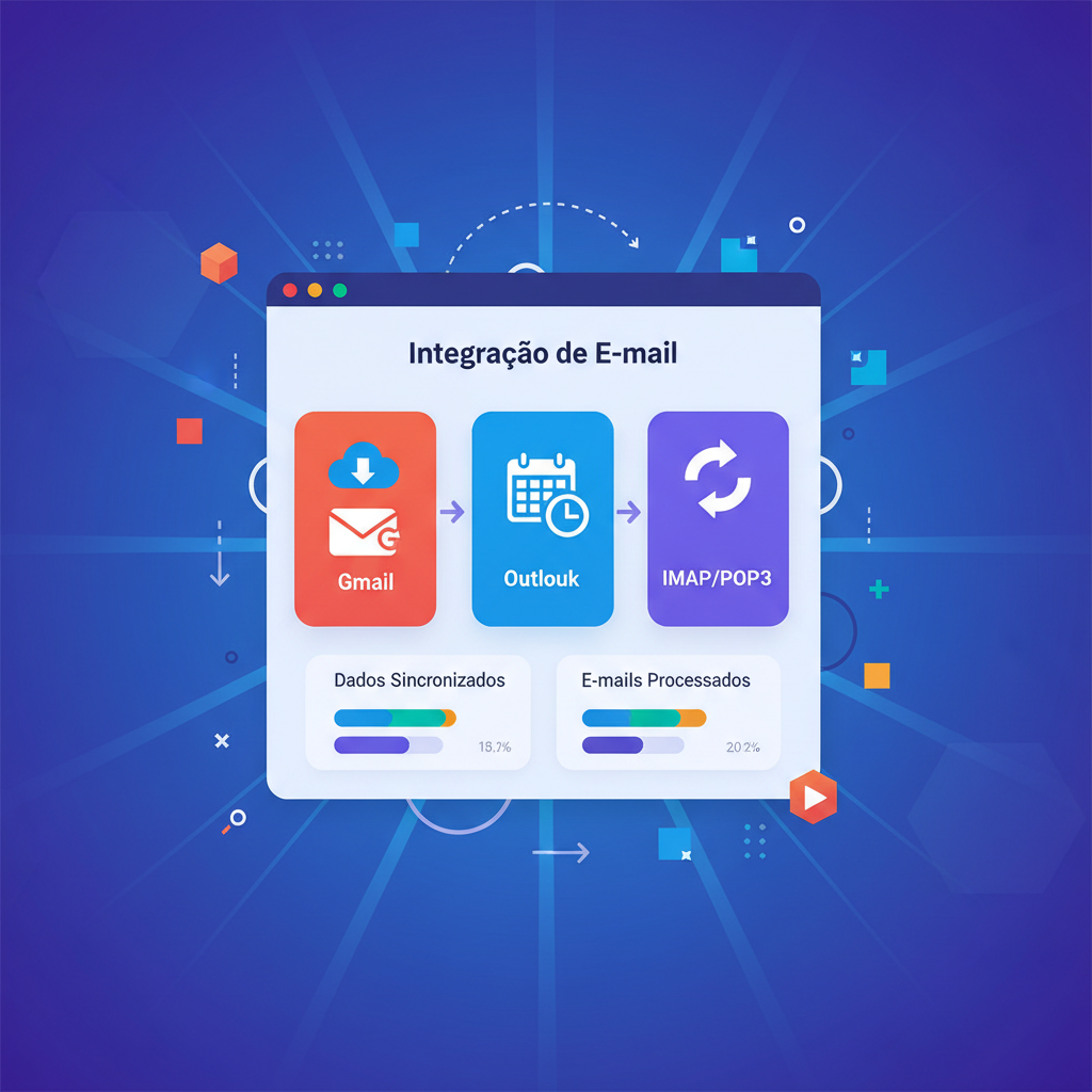 Captura de tela da tela de configuração de integração de e-mail no Kommo, mostrando as opções Gmail, Outlook e IMAP/POP3.
