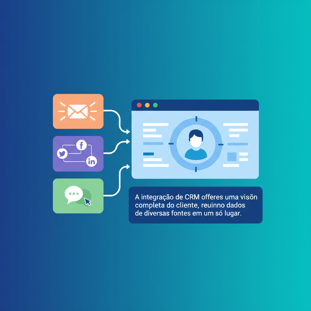 Ilustração de um hub central com raios conectando a diferentes ferramentas de marketing e vendas (redes sociais, email, automação de marketing, chat, etc.)