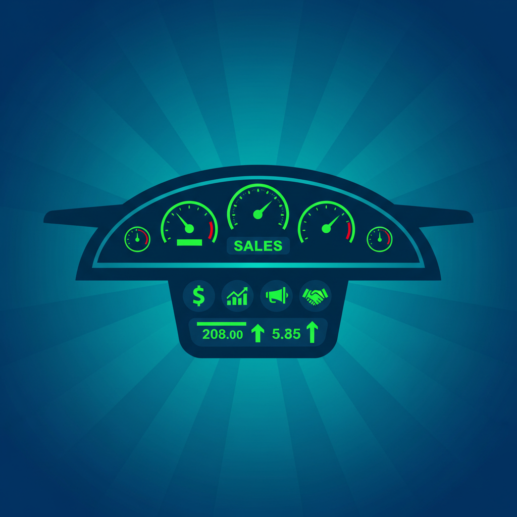 Um painel de carro com todos os indicadores acendendo em verde, simbolizando o controle e a visibilidade que as métricas de vendas proporcionam.