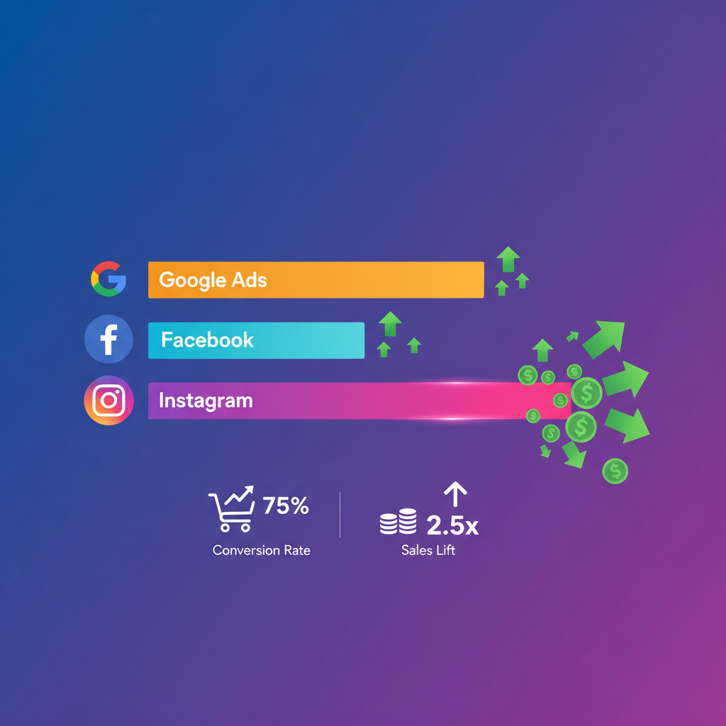 Um gráfico de barras comparando a performance de diferentes canais de marketing (Google Ads, Facebook, Instagram), com um deles claramente se destacando em vendas e conversão.