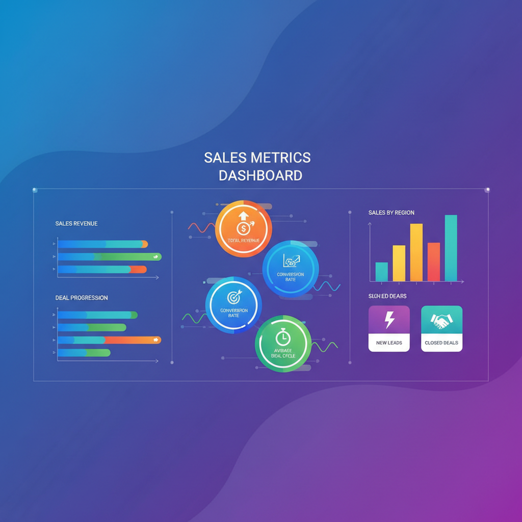 Dashboard de métricas de vendas com gráficos de barras, KPIs e indicadores de performance