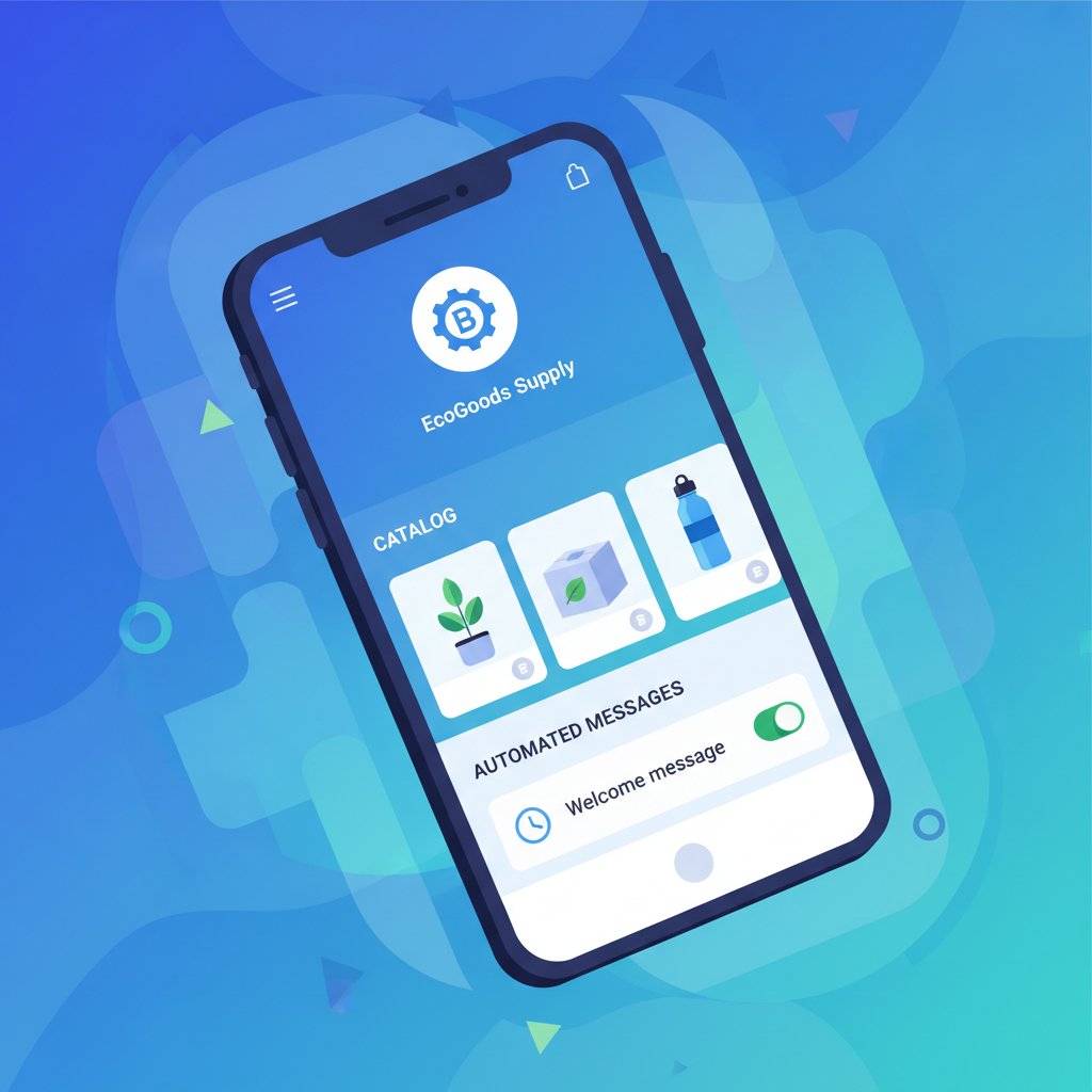 Uma tela de celular mostrando a interface do WhatsApp Business com o perfil comercial aberto, destacando o catálogo de produtos e as mensagens automáticas.