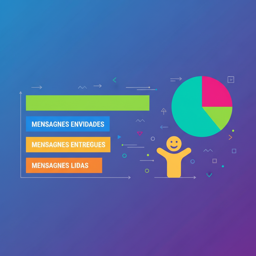 Um gráfico de barras ou pizza simples mostrando métricas de mensagens do WhatsApp Business, como mensagens enviadas, entregues e lidas, com um ícone de pessoa sorrindo ao lado.