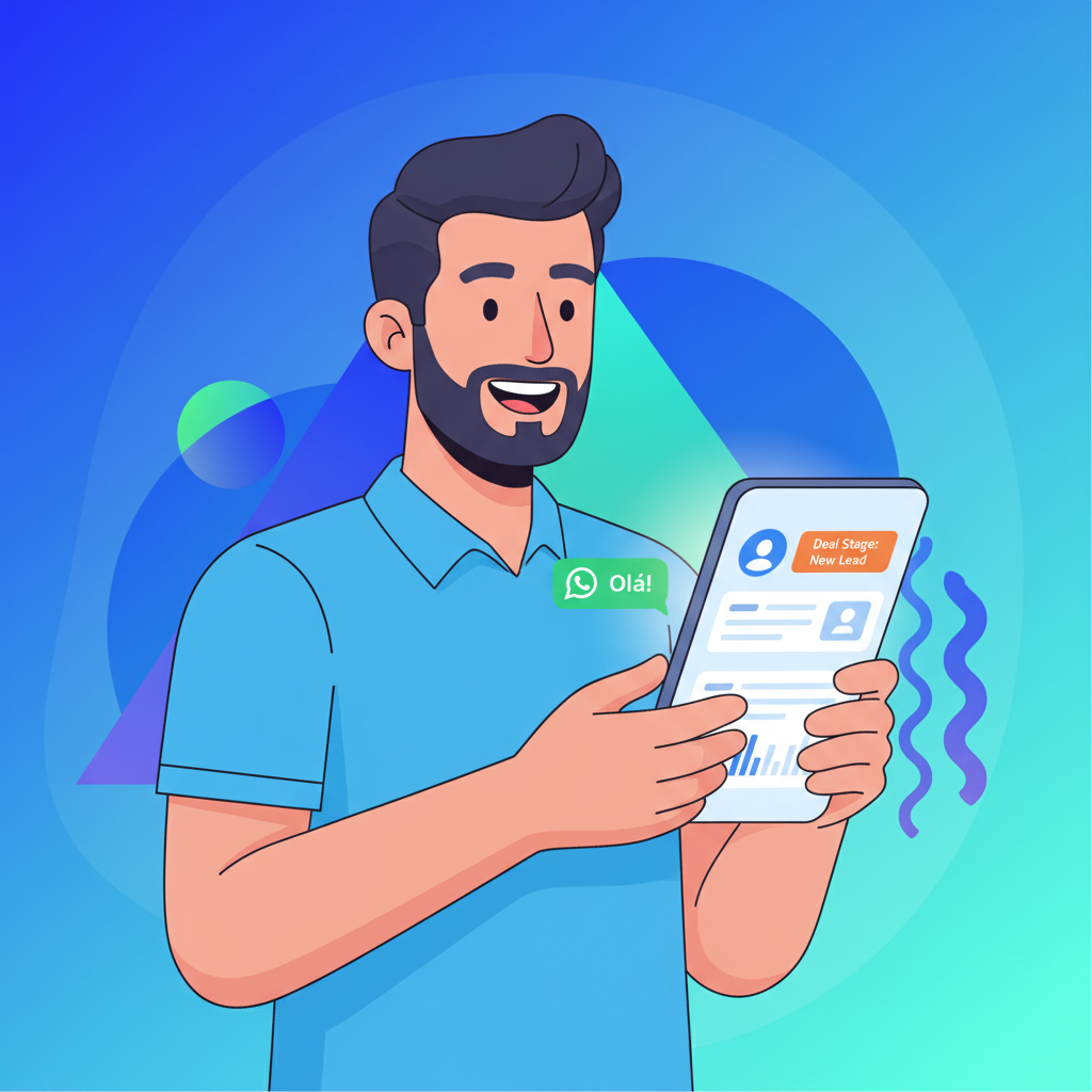 Um empreendedor brasileiro sorrindo enquanto olha para o celular, com a tela mostrando uma conversa do WhatsApp integrada ao Kommo CRM.