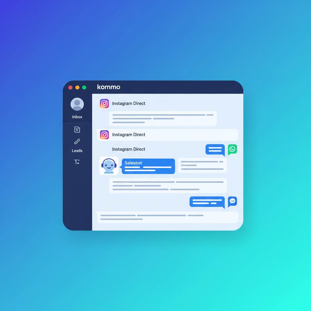 Captura de tela do Kommo mostrando a caixa de entrada unificada com conversas do Instagram Direct e outros canais, com um Salesbot respondendo.