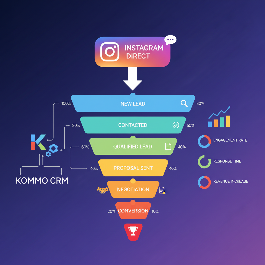 Gráfico de funil de vendas mostrando a progressão de um lead do Instagram Direct através de diferentes estágios no Kommo até a conversão.