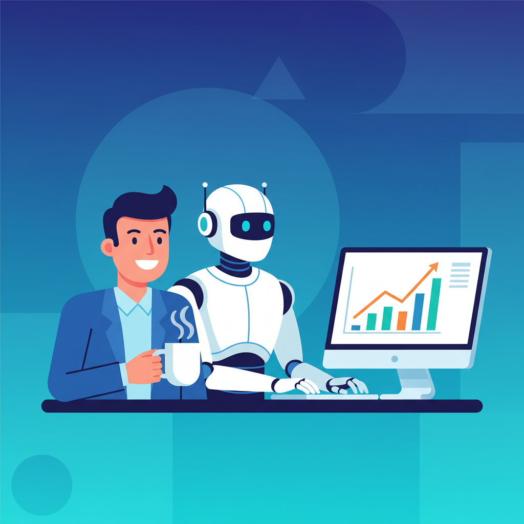 Ilustração de um vendedor sorrindo, tomando café, enquanto um robô (representando a IA) trabalha em um computador ao fundo, mostrando gráficos de vendas ascendentes.