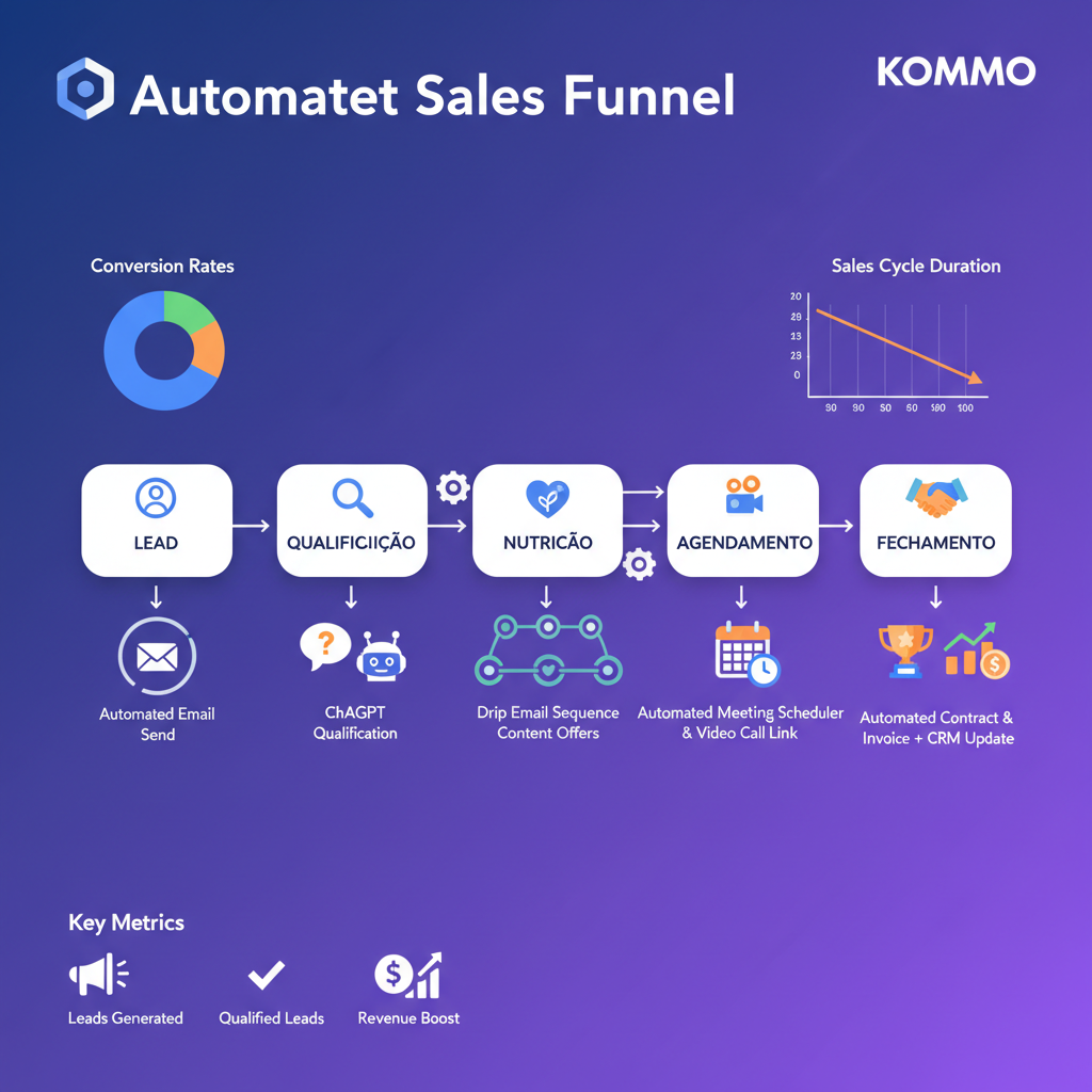 Diagrama de um fluxo de vendas automatizado no Kommo CRM, mostrando as diferentes etapas (lead, qualificação, nutrição, agendamento, fechamento) e as ações automatizadas em cada etapa (envio de e-mail, qualificação pelo ChatGPT, etc.).