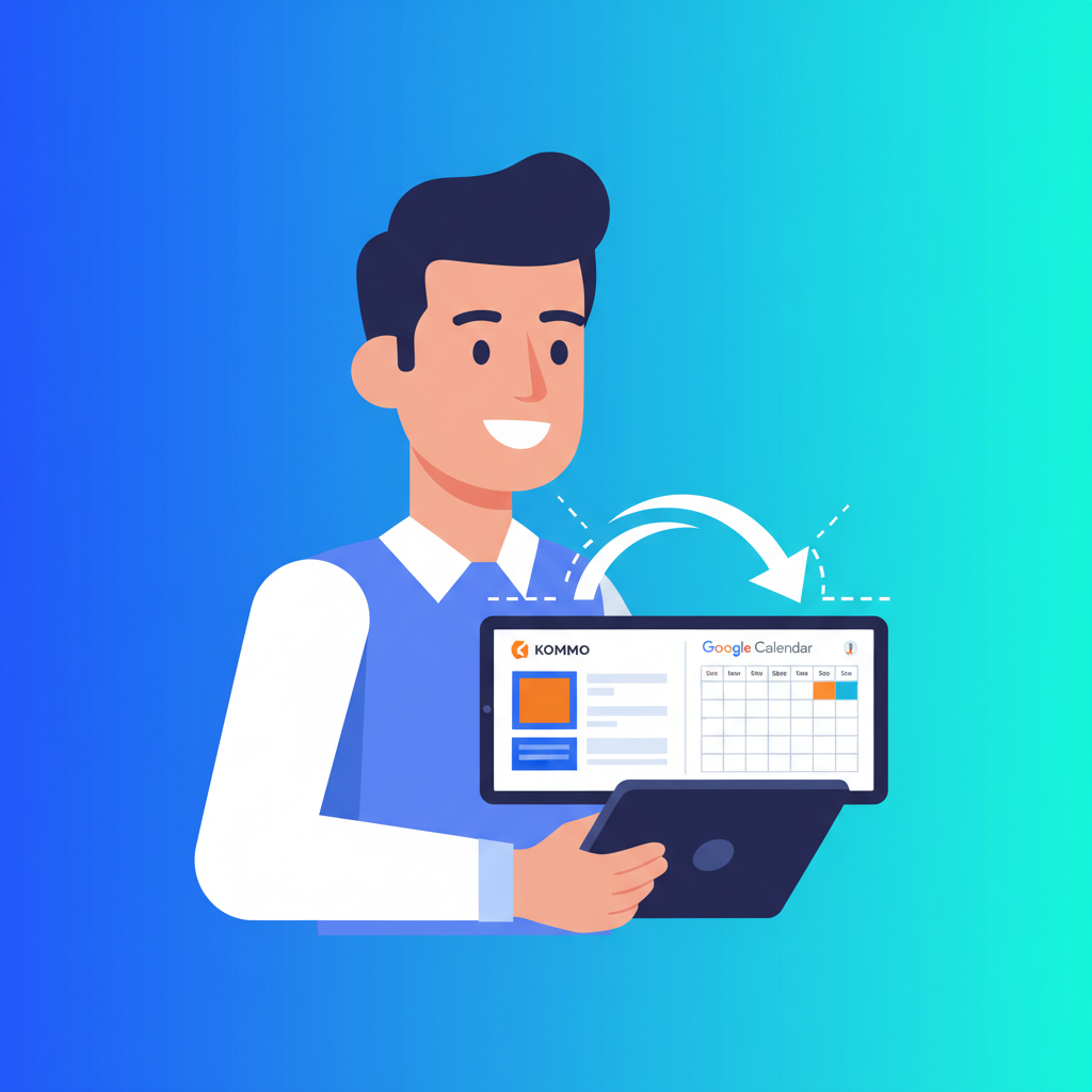Ilustração de um vendedor sorrindo, com um tablet mostrando o Kommo e o Google Agenda lado a lado, com setas indicando a sincronização automática.