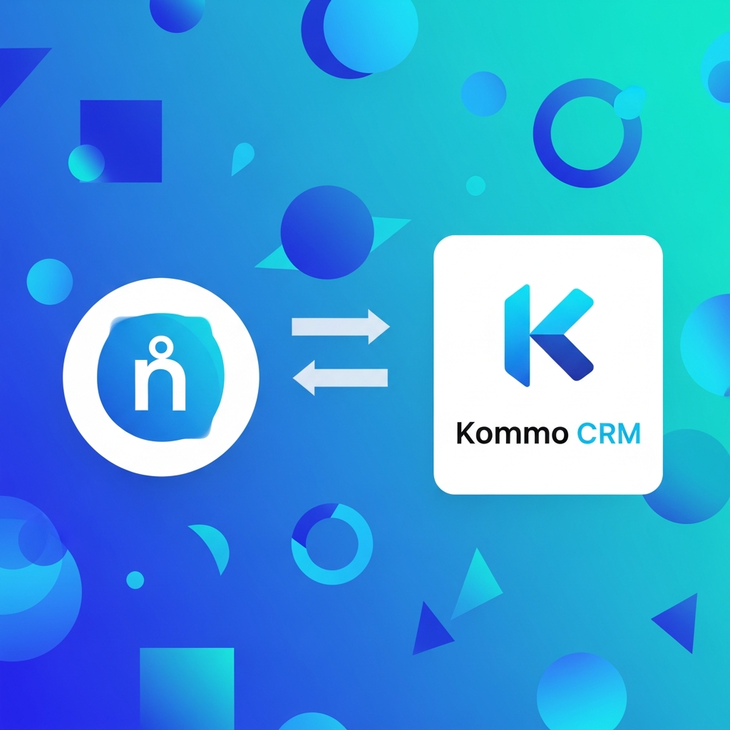 Ilustração mostrando a integração entre n8n e Kommo CRM, com setas indicando o fluxo de dados entre as duas plataformas.