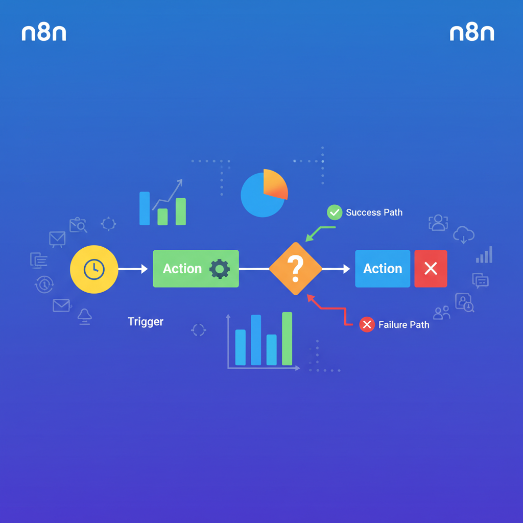 Diagrama simplificado de um workflow no n8n, mostrando diferentes nós (gatilhos, ações, condicionais) conectados entre si.
