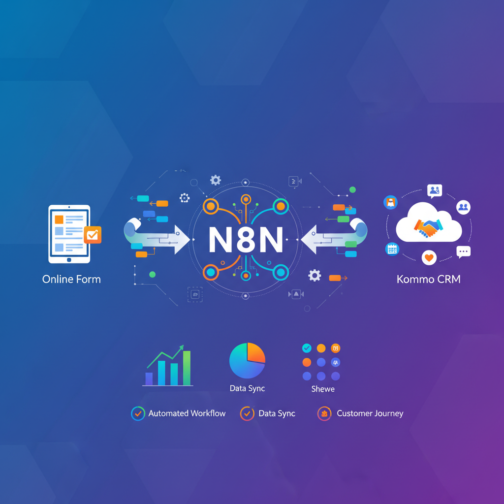 Diagrama simples mostrando o fluxo de dados entre um formulário online, o N8N atuando como intermediário, e o Kommo CRM recebendo os dados.