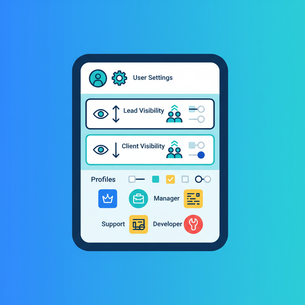 Captura de tela da interface de configurações de usuário e permissões no Kommo, mostrando as opções de visibilidade de leads e clientes por perfil.
