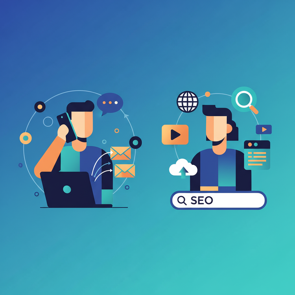 Ilustração de duas pessoas, uma prospectando ativamente (ligando, enviando email), a outra atraindo clientes passivamente (conteúdo online, SEO).