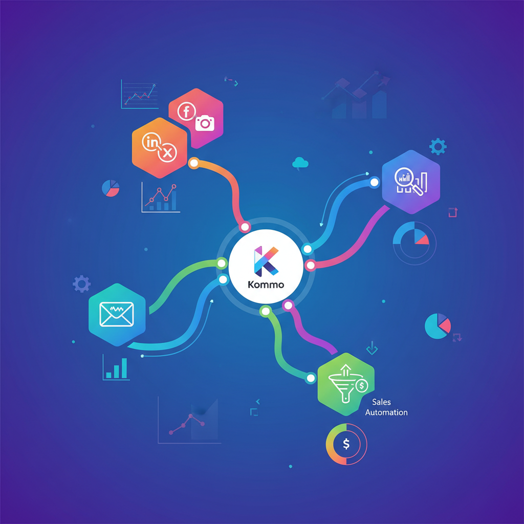 Diagrama mostrando a integração do Kommo com diversas ferramentas de marketing digital (email marketing, redes sociais, analytics).