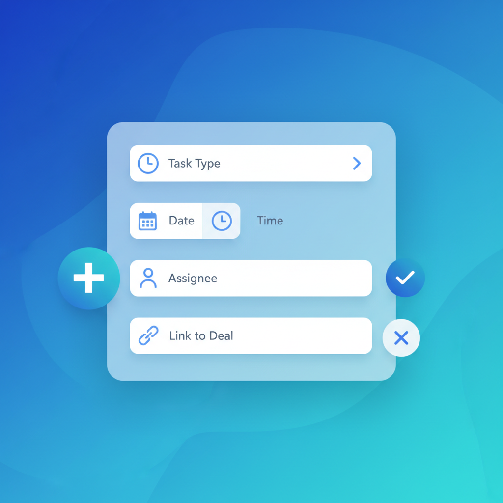 Uma imagem mostrando a interface de criação de uma tarefa no Kommo, com campos como tipo de tarefa, data, hora, responsável e link para o negócio.