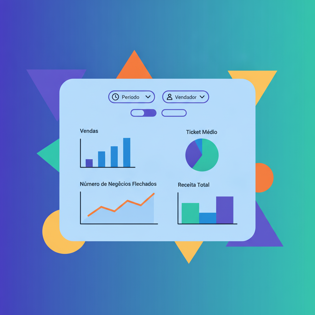 Um dashboard do Kommo CRM mostrando gráficos de vendas, ticket médio, número de negócios fechados e receita total, com opções de filtro por período e vendedor.